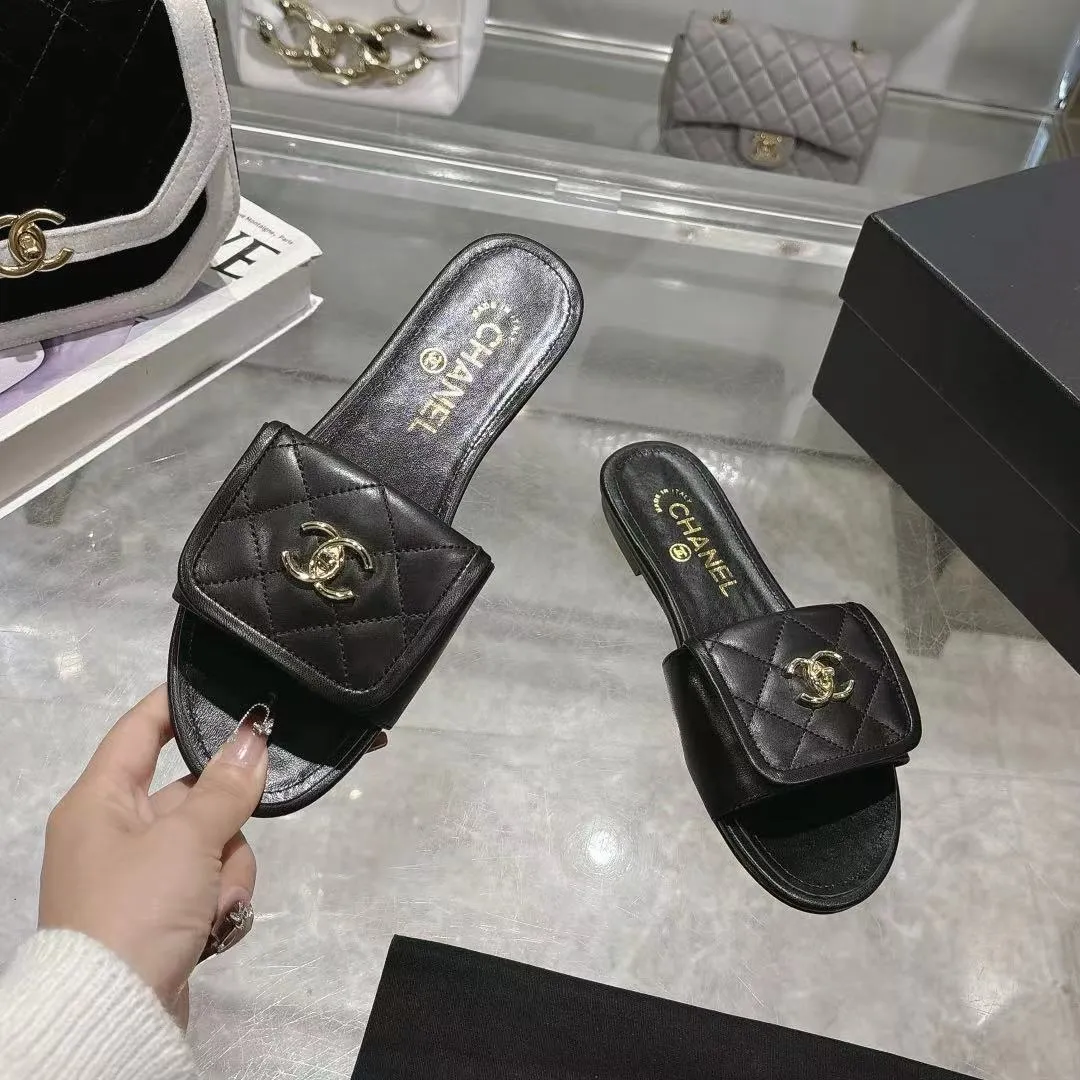 👟👟Ex-factory price 340👟👟Chanel Chanel 25C new women's double C schoolbag buckle flat sandals, fabric sheepskin, color: black: white: pink: apricot, code number: 5-40 (customized 41 42 43 customized non-refundable)